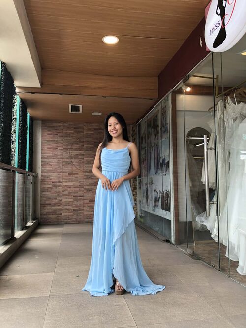 Powder Blue Sleeves Hem Halter Long Gown