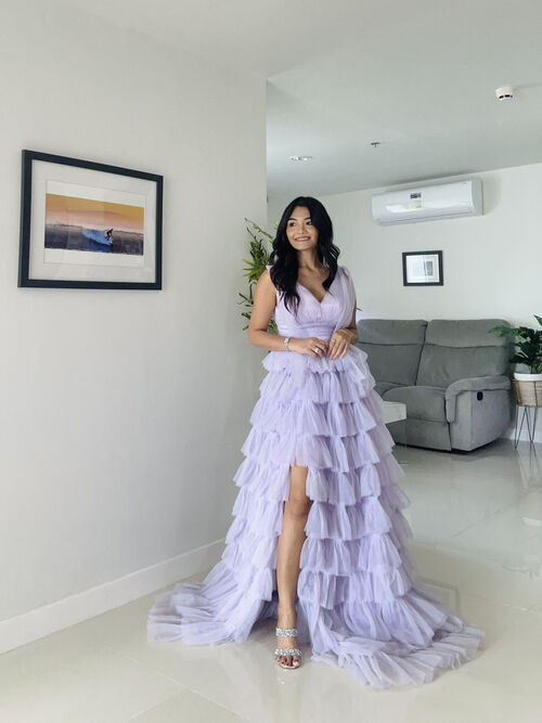 Faeriesty Lavender Deep V-Neck Layered Mesh Hem Formal Gown