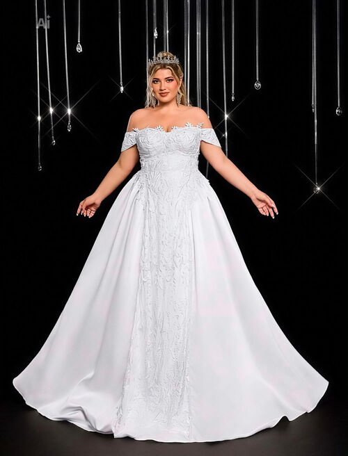 Plus Size Off Shoulder Hanging Sleeves Sequins Embroidered Lace Applique Fluffy Wedding Gown