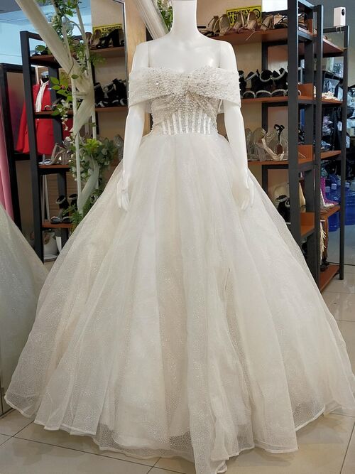 Offshoulder Corset Twisted Front Beads Wedding Gown