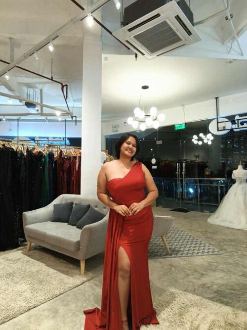 Red One Shoulder Draped Side Bridesmaid Dress