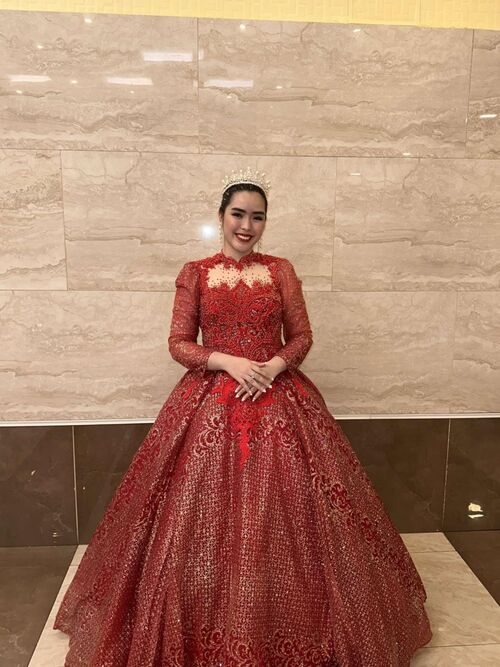Red Ball Gown Sequins High Neck Long Sleeve Beading
