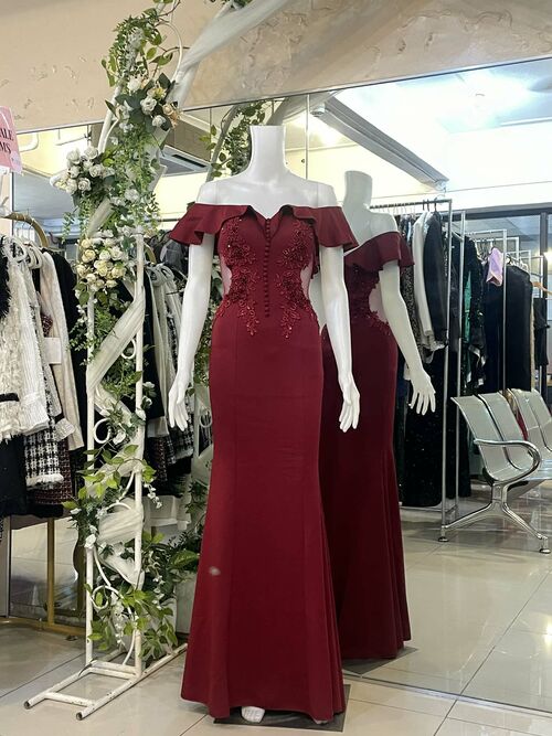 Maroon Offshoulder Side See-through Slit Gown