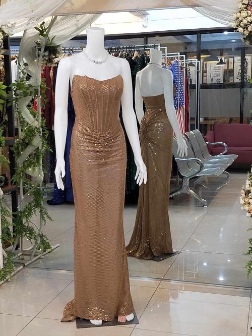 Brown Sequin Tube Fishtail Hem Dress