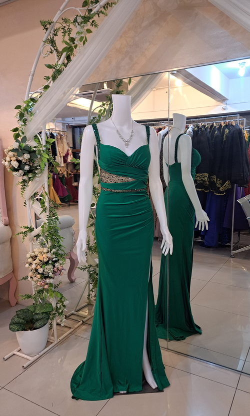 Green Sleeveless Side Mesh Long Gown