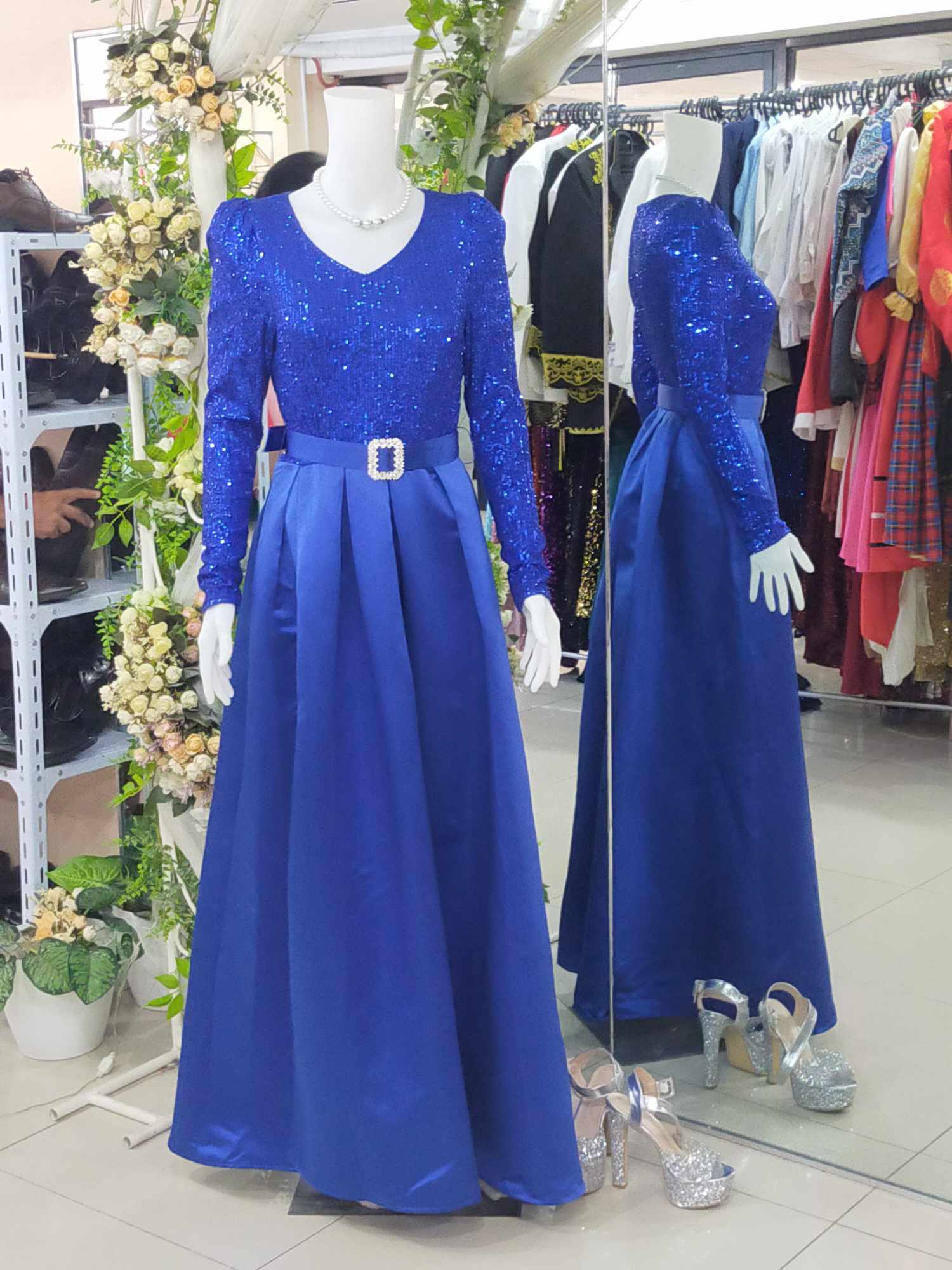 Royal Blue Belted Satin Sequins Glittery A-Line Gown