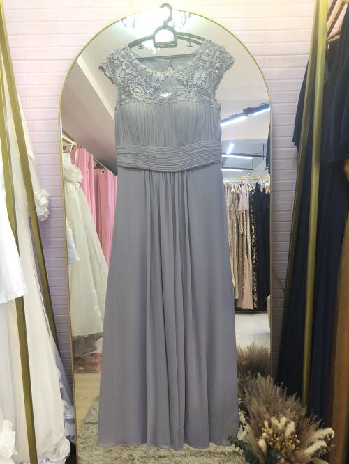 Light Grey Guipure Lace Yoke Back Chiffon Bridesmaid Dress