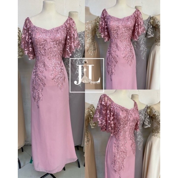 Plus Size Old Rose  Free Sleeves Leaves Embroidery Mother Gown