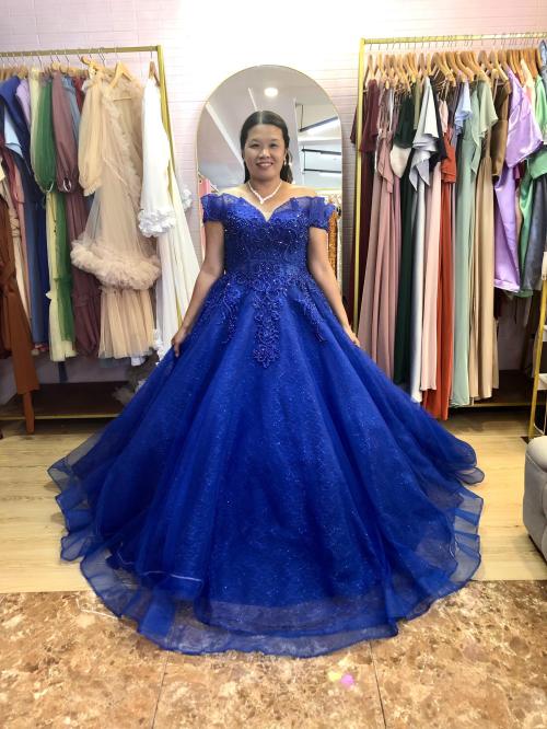 Royal Blue Glittery Offshoulder Ball Gown
