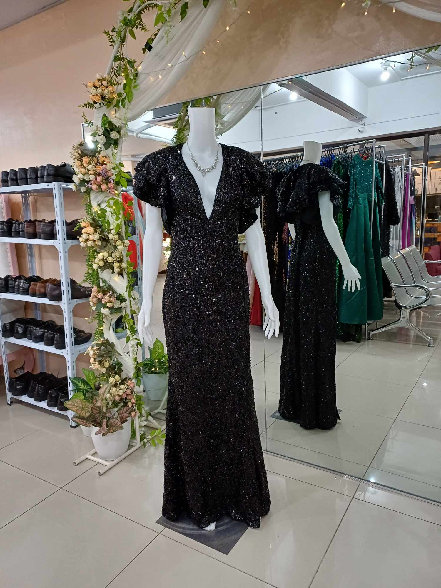 Plus Size Black Sequins Ruffle Slit Sequins Glittery Gown
