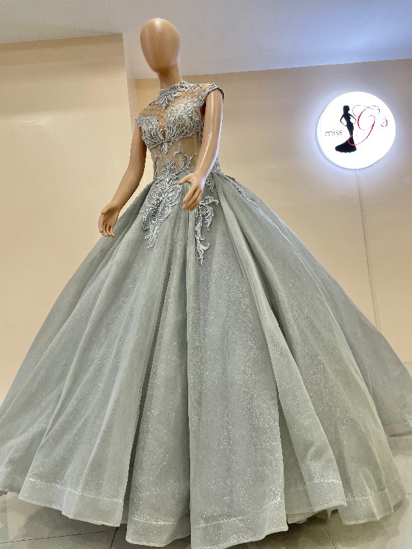 Gray Turtle Neck Sleeveless See Through Luxury Ball Gown