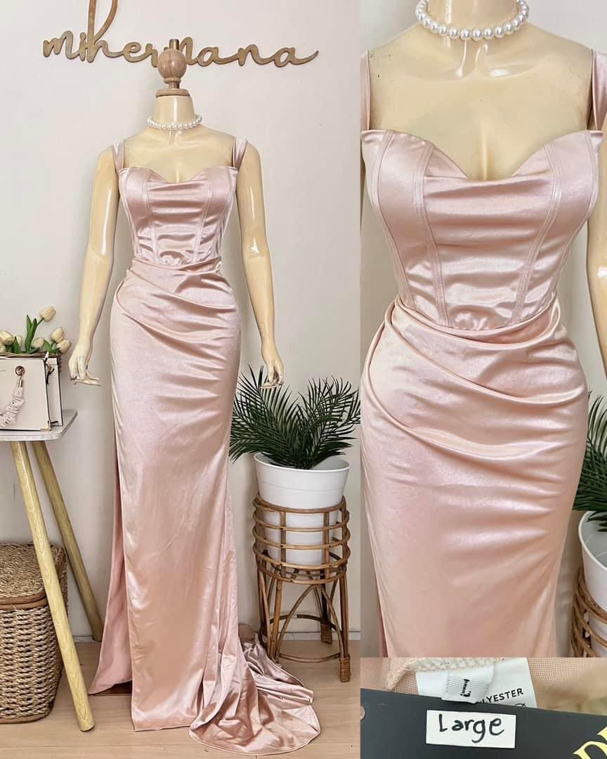 Nude Gold Satin Offshoulder Slit Gown