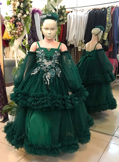 Emerald Green Puffy Flowery Long Sleeves Gown for Kids 