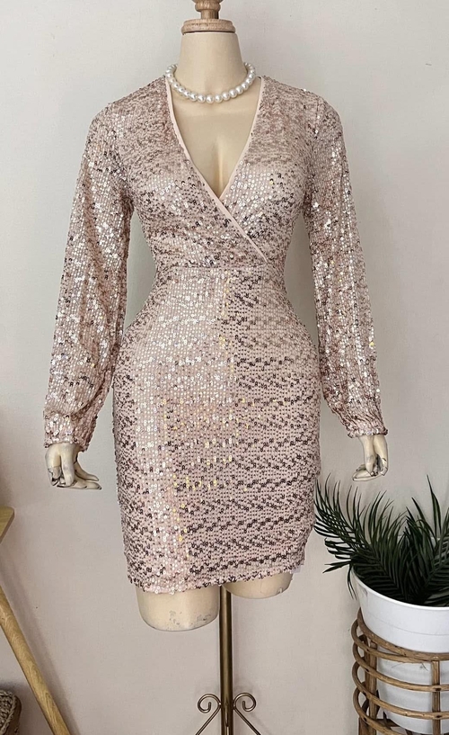 Urbanic Blush Sequined Glam Wrap Cocktail Dress