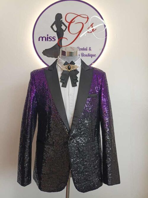  Purple Black Gradient Full Sequins Glittery Coat Suit