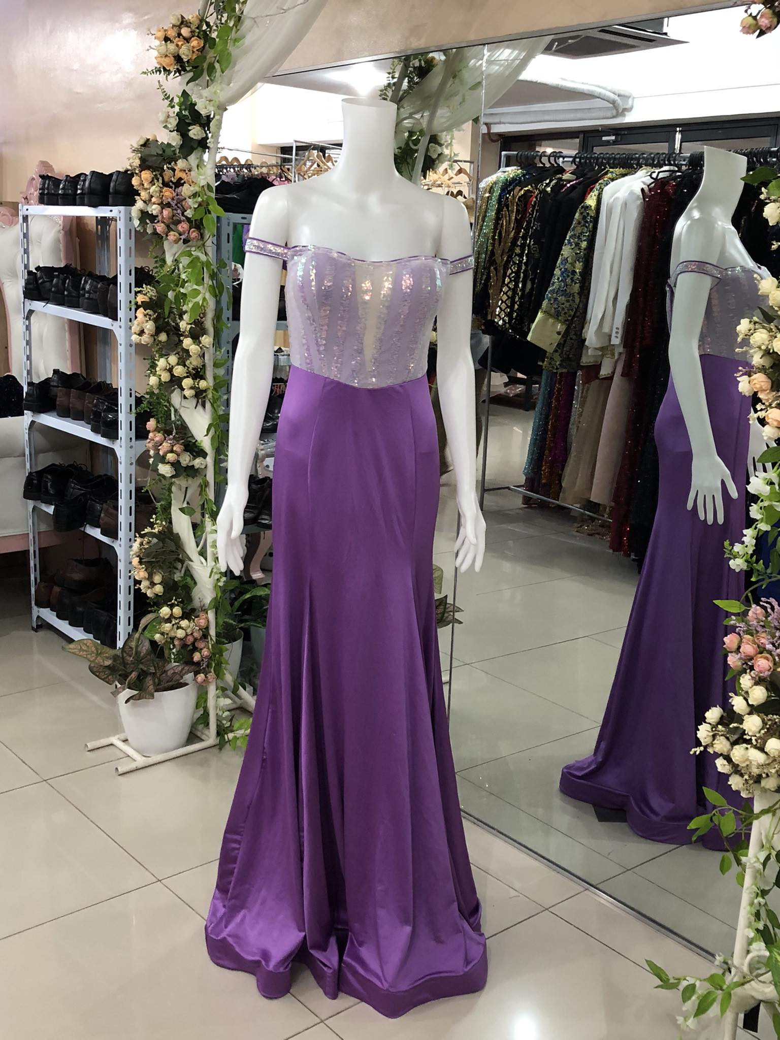 Purple OffShoulder Satin Gown
