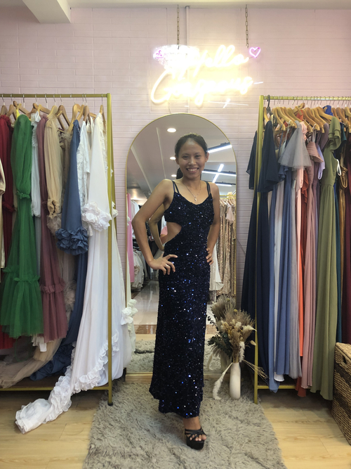 Navy Blue Backless Glittery Long Gown