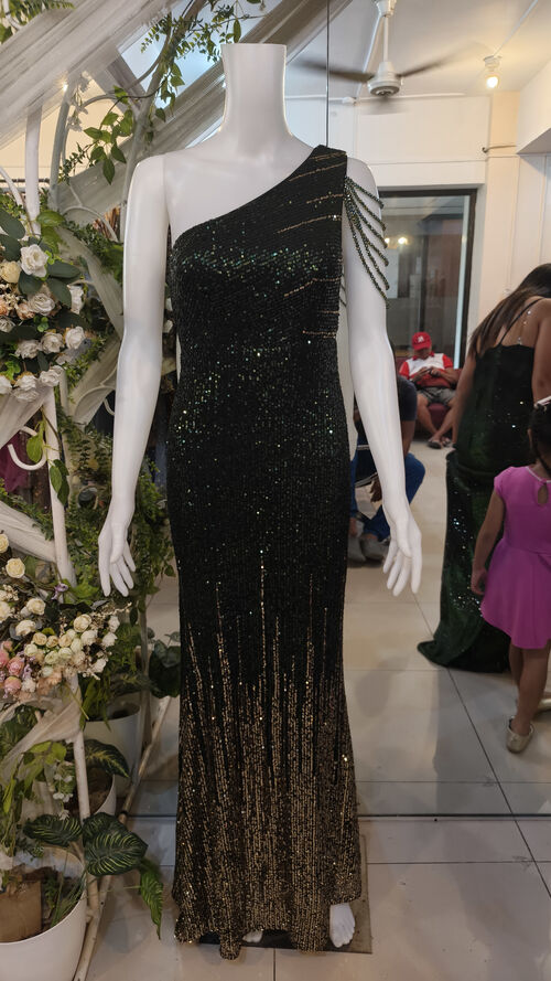 One Shoulder Emerald Green Beads Full Sequins Glittery Gown