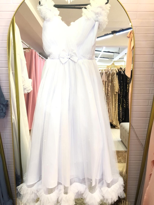 White Flower Girl Tulle Dress With Beads