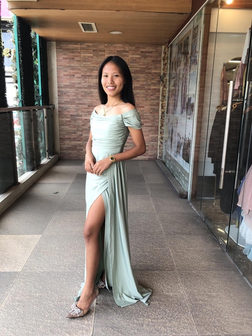 Sage Green Off Shoulder With Slit  Draped Bridesmaid Long Gown