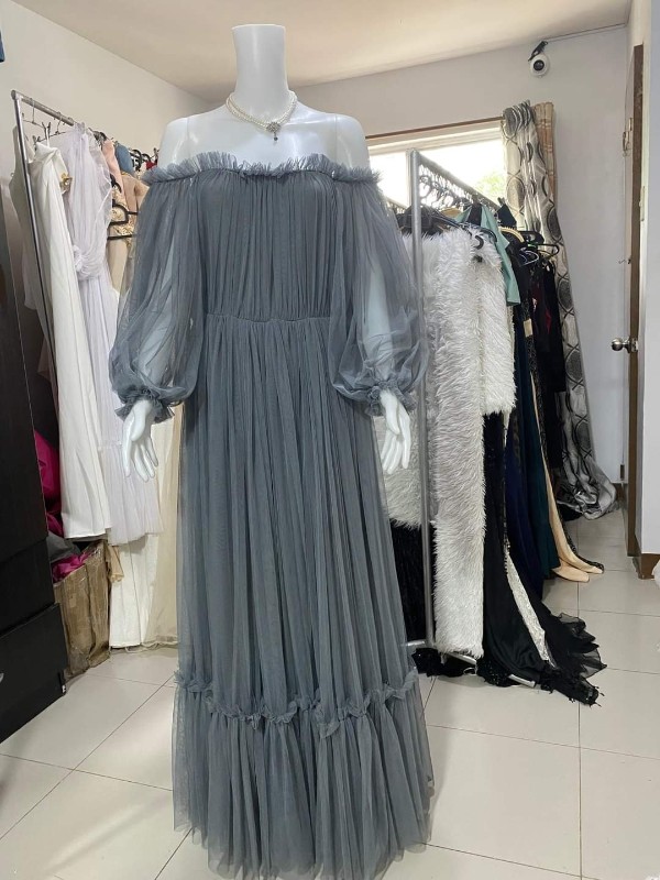Gray Robe Boho Offshoulder Longsleeves Tulle Gown