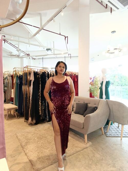 Burgundy Sequins Glittery Slit Gown