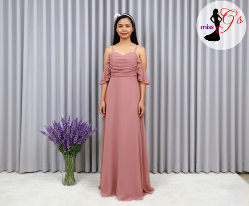 Old Rose Chiffon Spag Ruffle Shoulder Slit Bridesmaid Gown