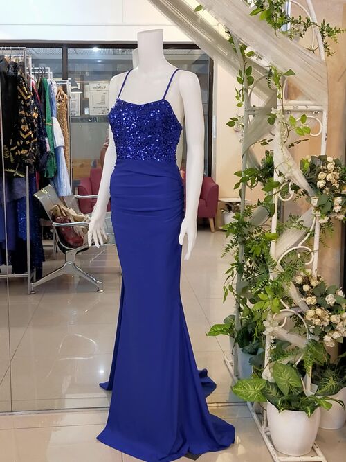 Royal Blue Spag Sexy Back Half Glittery No Slit Gown 