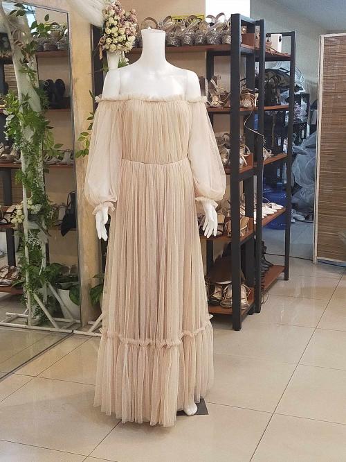 Beige Robe Boho Offshoulder Longsleeves Tulle Gown