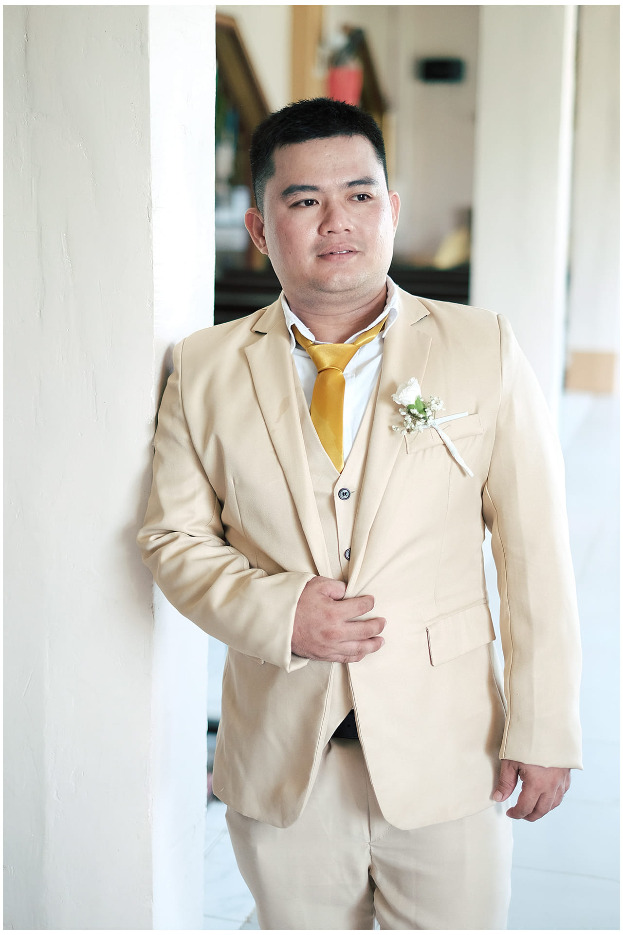 Khaki Tuxedo Suit White Line Pocket With Vest