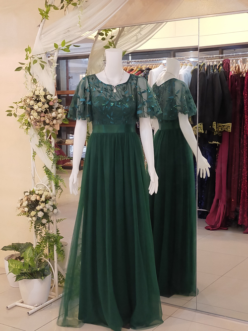 Emerald Green Short Sleeve Lace Appliques Tulle Mother Mermaid Long Sequin Dress 