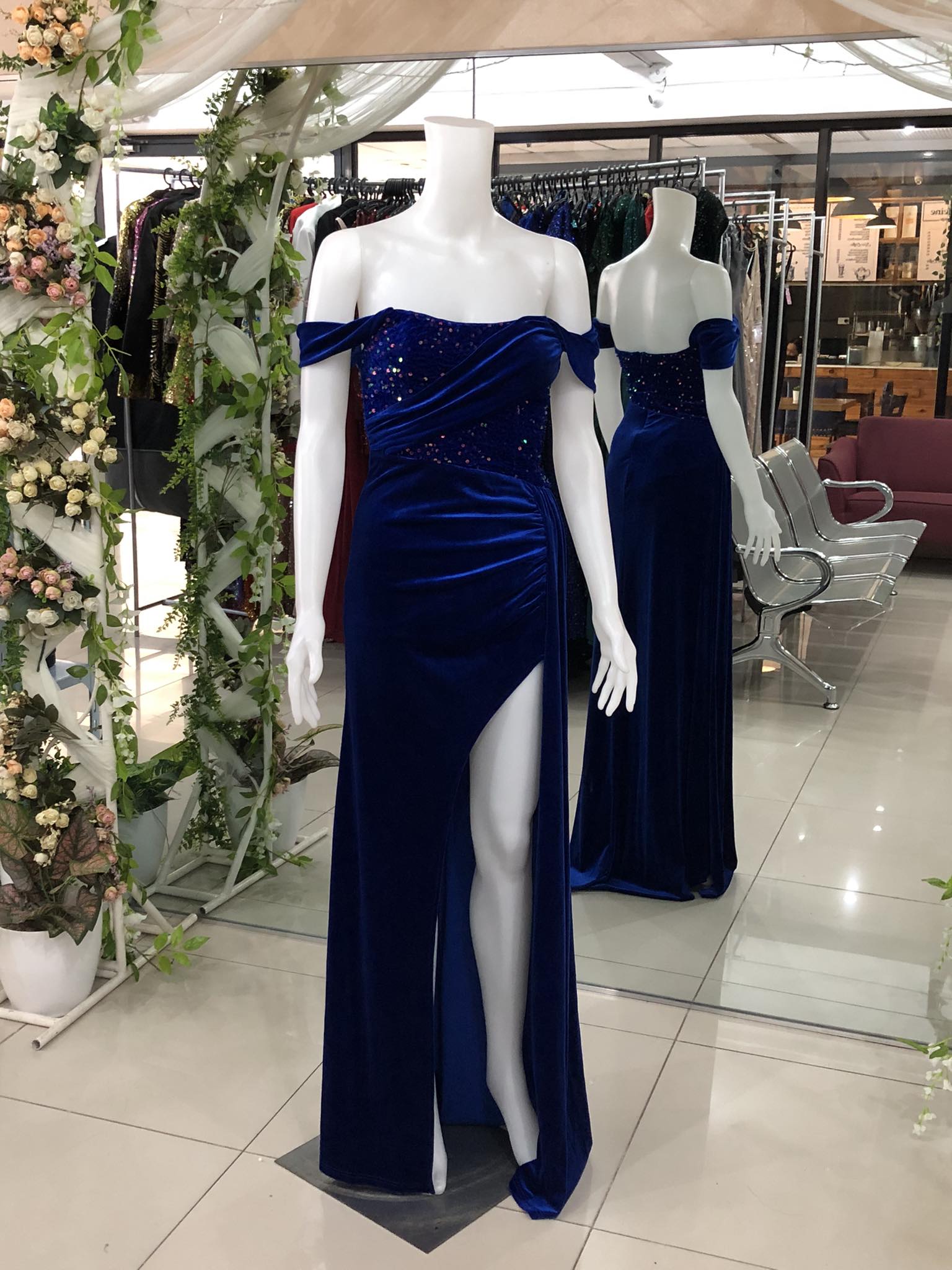 Royal Blue Cross Front Chest Thigh Slit Velvet Long Gown