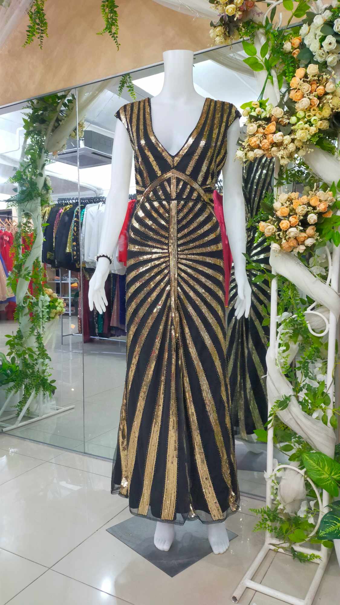 Black Gold Fishtail Gatsby Sequins Glittery Long Gown