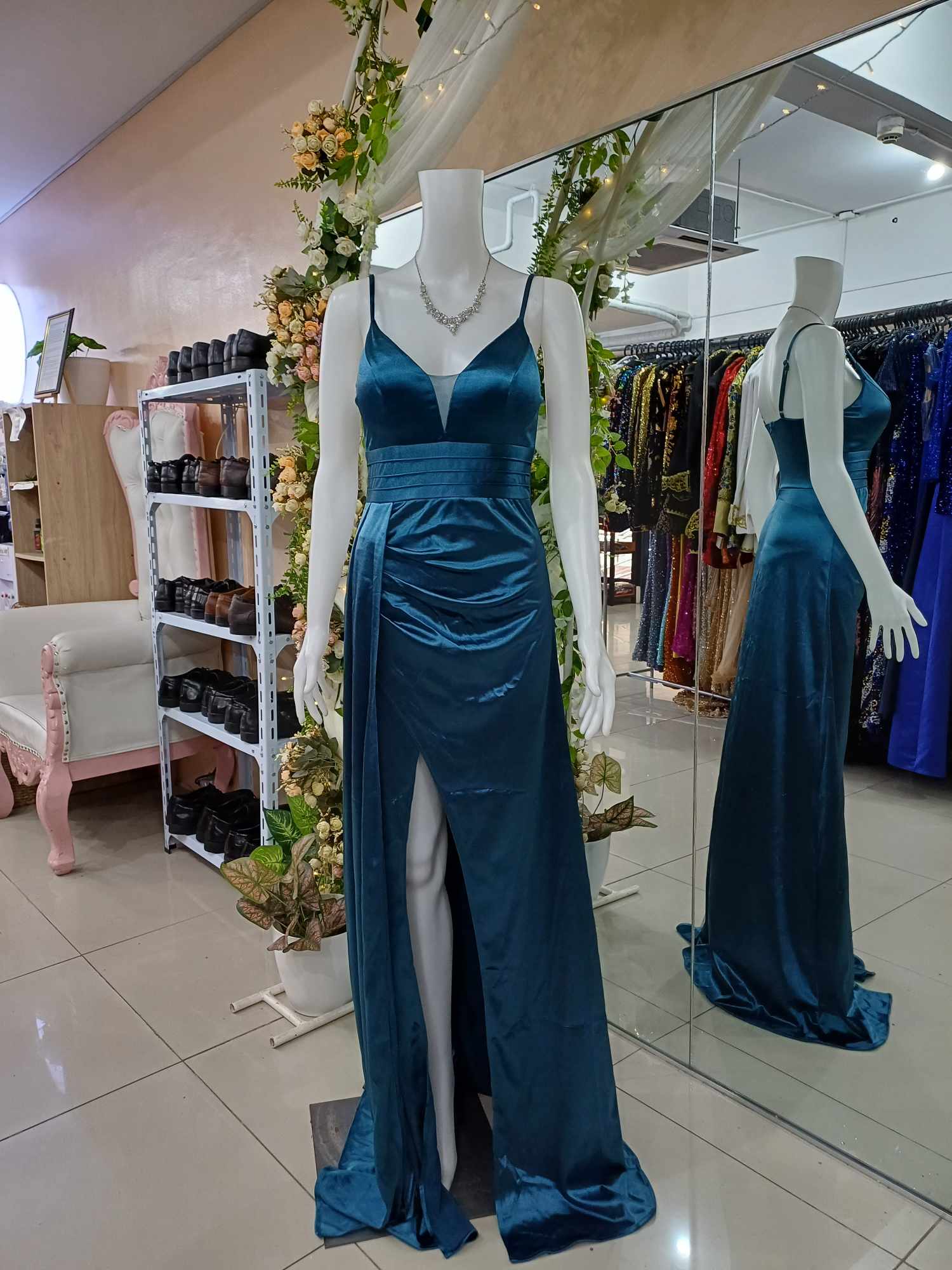 Teal Blue Sleeveless Satin Slit Long Gown