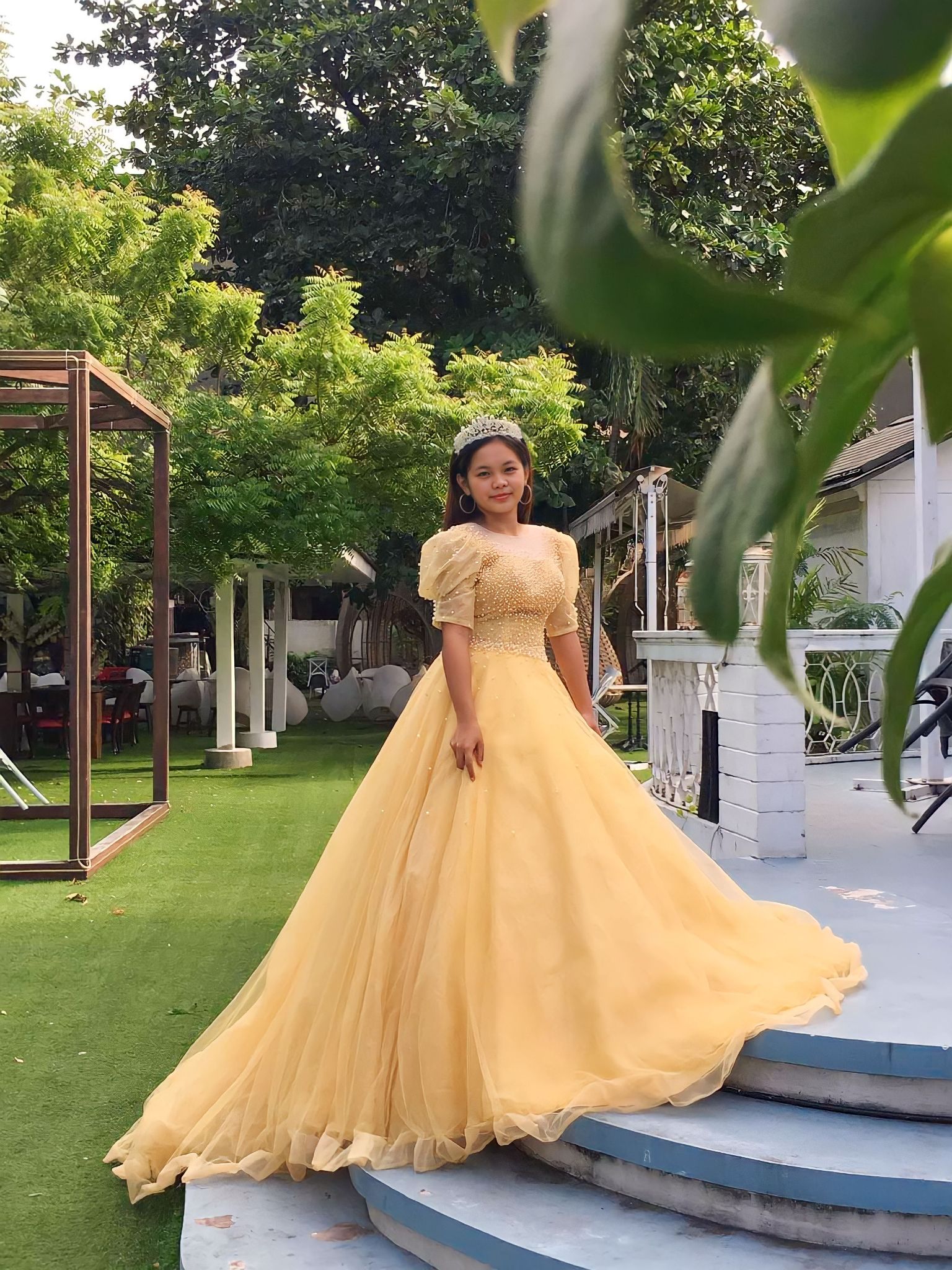 (SALE) Yellow Bead Sleeves Ball Gown