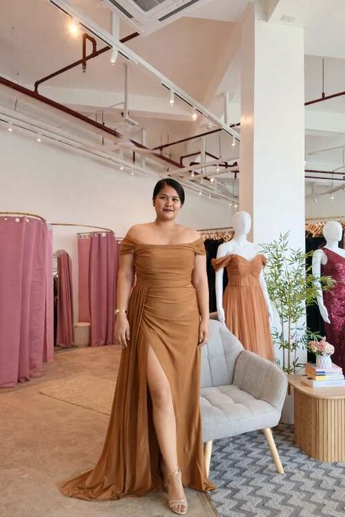 Coffee Brown Offshoulder With Slit Draped Bridesmaid Long Gown