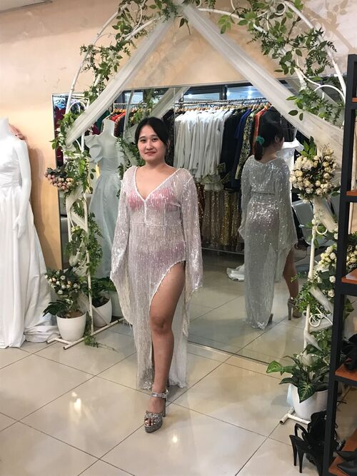 White Tassel See-through Sequins Glittery Gown