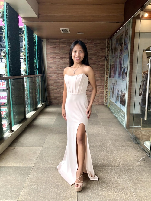 NuDe Cream Tube Corset Slit Long Gown