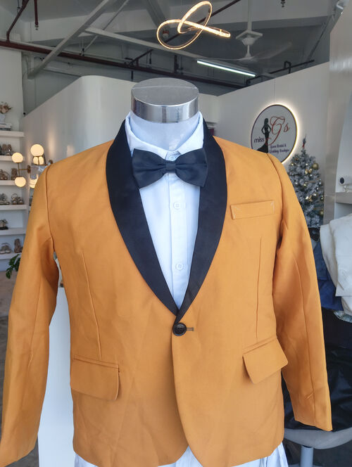 Mustard Yellow Three-Piece Tuxedo with Black Shawl Lapels
