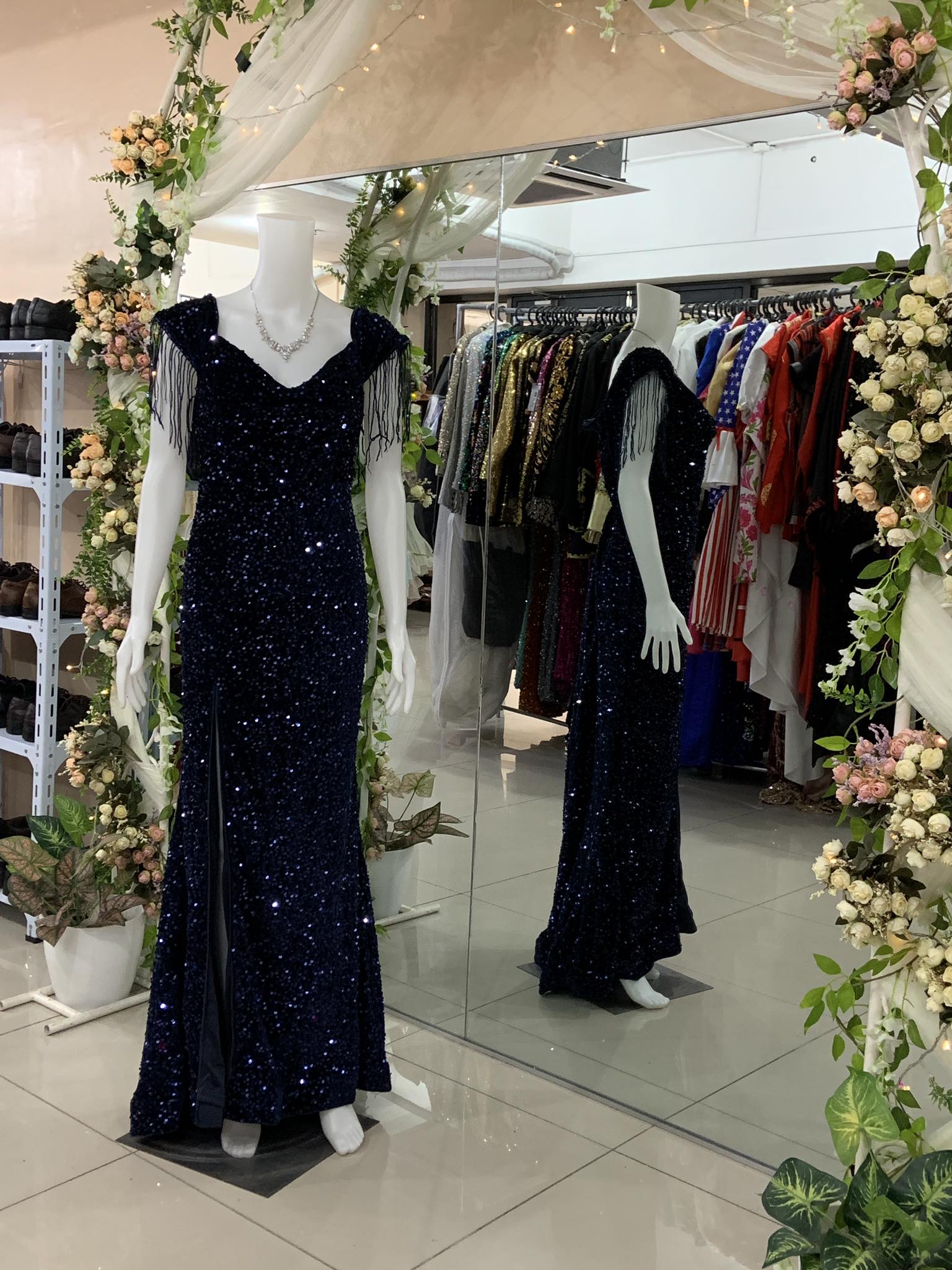 Plus Size Navy Blue Glittery Tassels Sleeves Long Gown