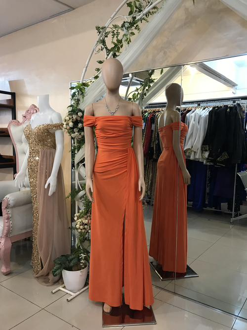 Burnt Orange Offshoulder With Slit Draped Bridesmaid Long Gown