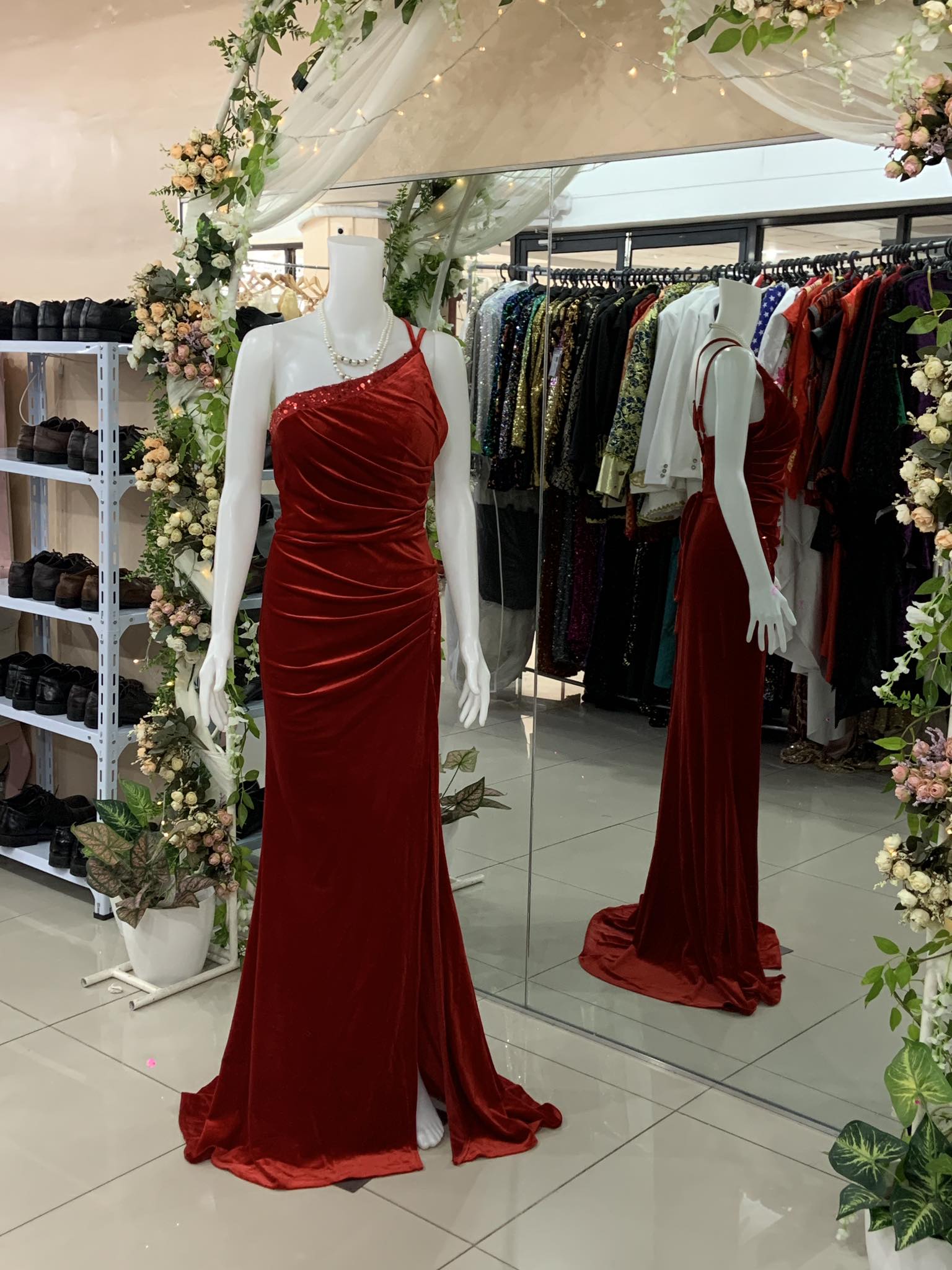 Red Velvet One Shoulder Corset Long Gown
