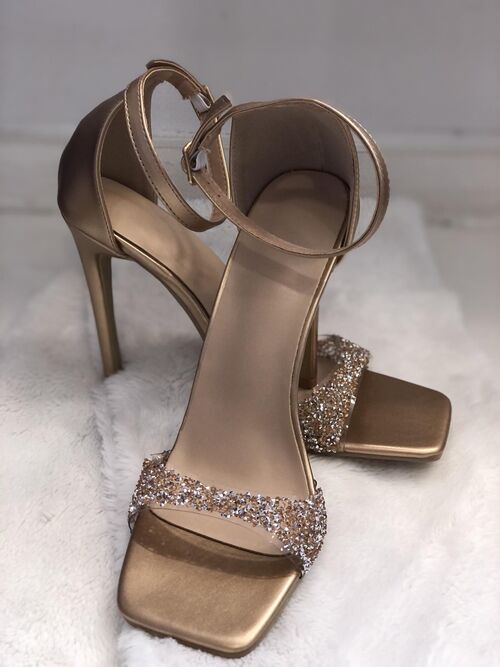 Gold Crystal Strappy Square Heels