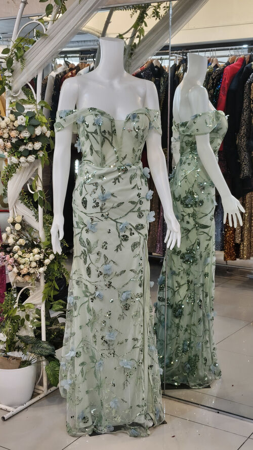 Sage Green Off Shoulder Floral Design Long Gown