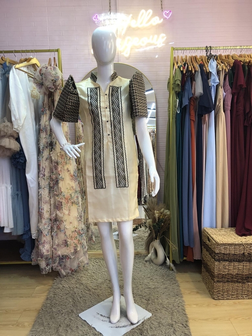 Brown Linen Filipiniana Mestiza Zigzag