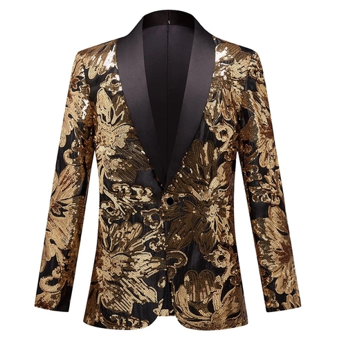 Regal Brocade Black Gold Glittery Tuxedo Coat