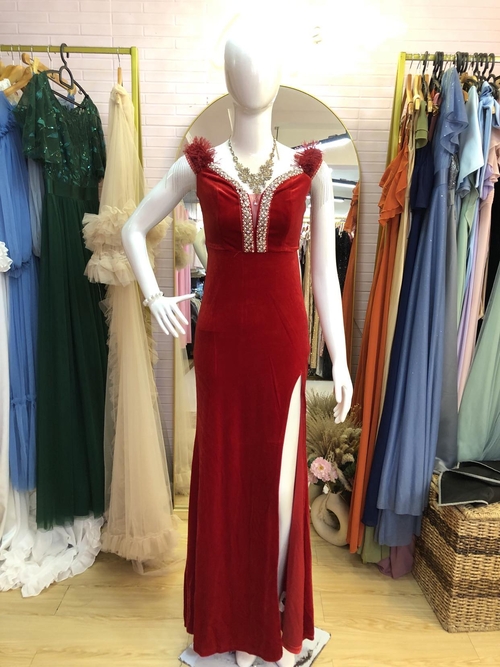 Red Burgundy Velvet Off Shoulder Beads Tassel Dress