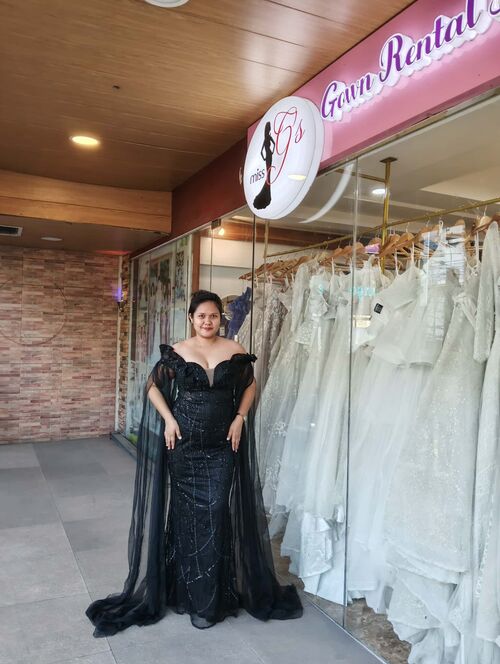 Black Off Shoulder Extra-Long Floating Sleeves Mesh Long Gown