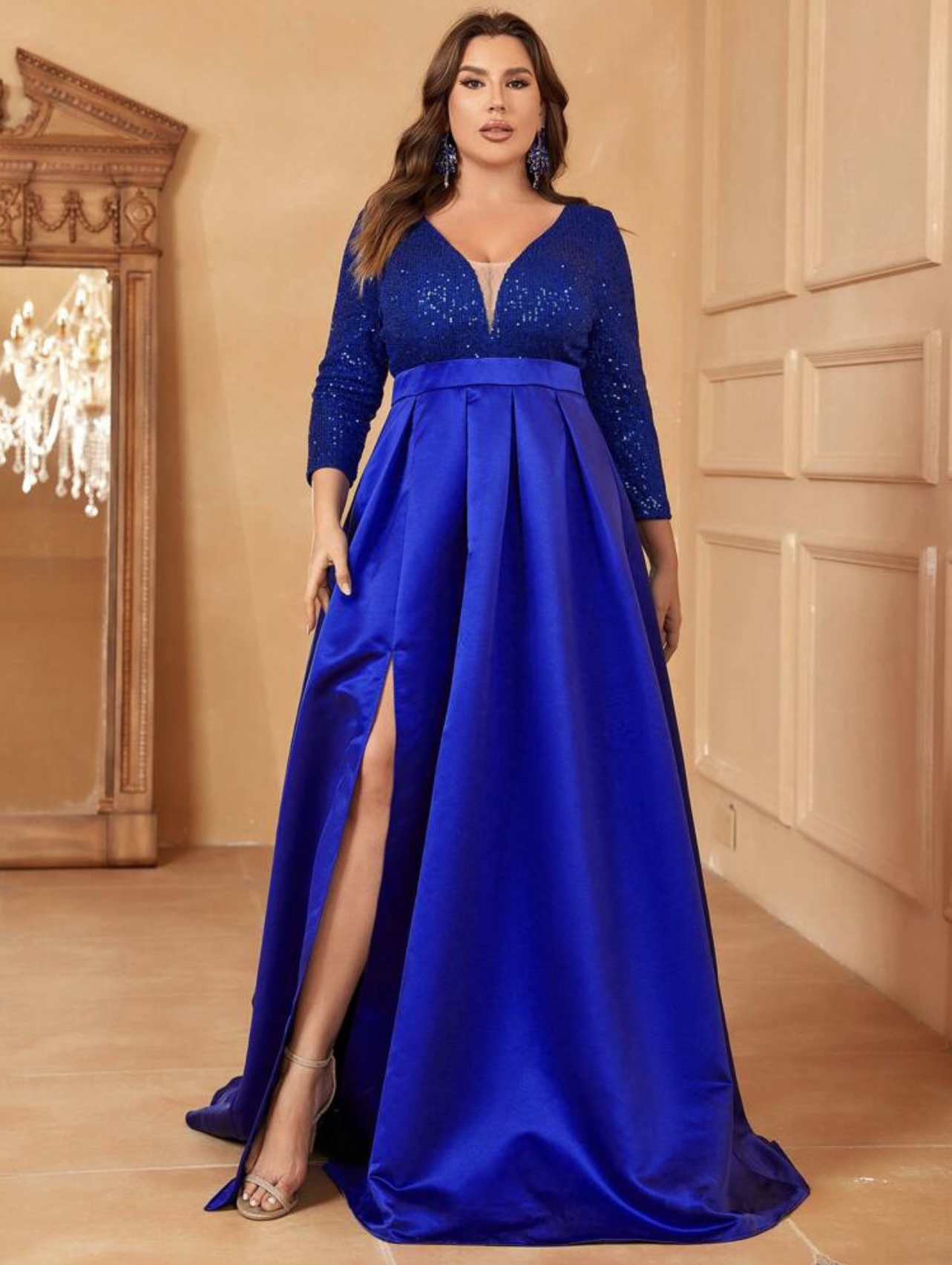 Plus Size Royal Blue Satin Sequins Glittery A-Line Gown