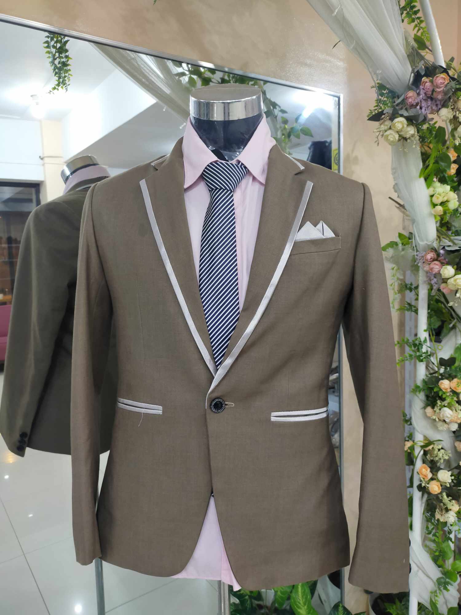 Dull Brown With Silver Ribbon and Lining Suit / Tuxedo Set